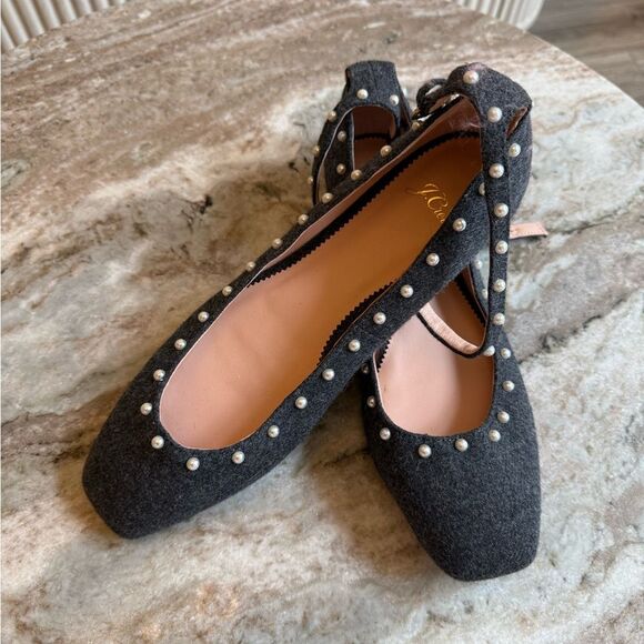 J. Crew Poppy ankle-strap ballet flats in embellished wool pearl size 9.5 - Picture 1 of 15